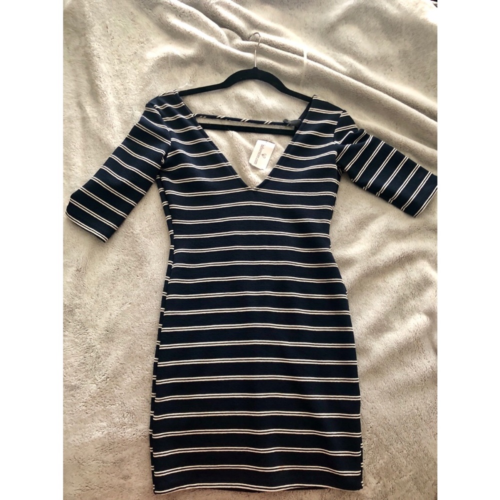 Navy blue striped mid thigh length Windsor dress